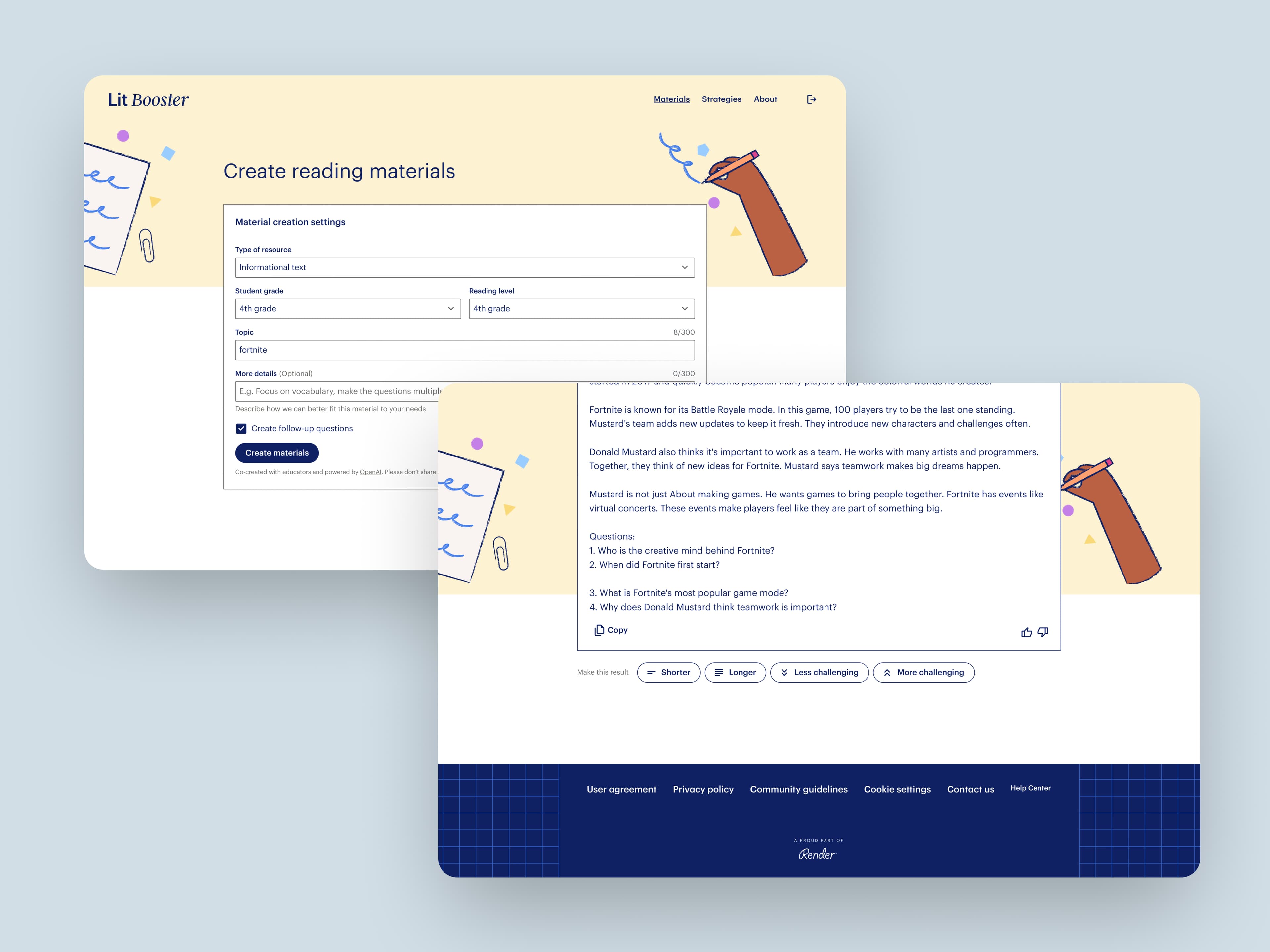 Lit Booster material creation interface showing form fields for resource type, student grade, reading level, and topic